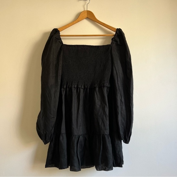 Quince 100% European Linen Smocked Mini Dress in Black - Picture 5 of 16